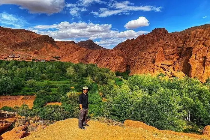 Hiker on Rocky Outcrop Overlooking Green Valley and Mountains Person in hat standing on rocky outcrop overlooking green valley and reddish-brown mountains under blue sky.