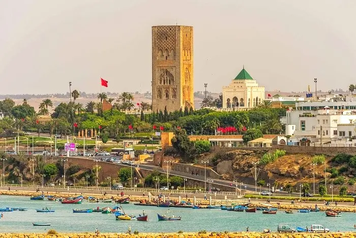 A panoramic view of the Hassan Tower and Mohammed V Mausoleum in Rabat, a highlight of this Morocco itinerary 8 days tour starting from Casablanca.