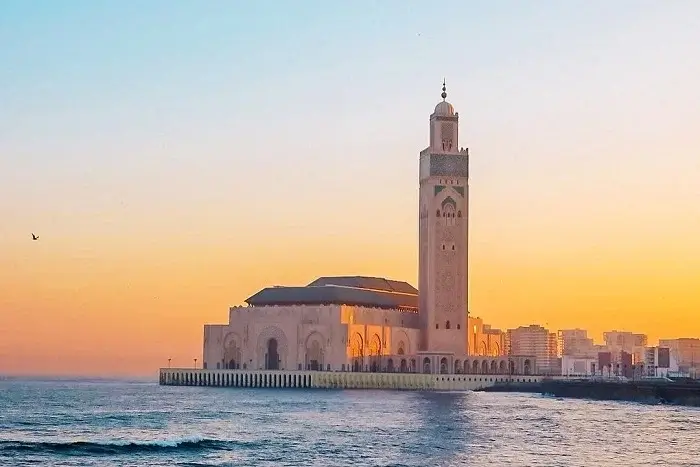 Hassan II Mosque in Casablanca at sunset during the 10 day Morocco tour from Casablanca