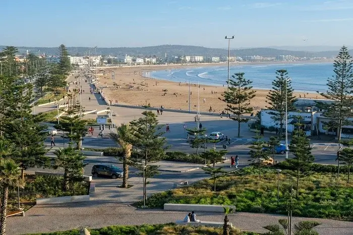 View of Essaouira beach and coastline from Place Orson Welles on a 12 day Morocco tour