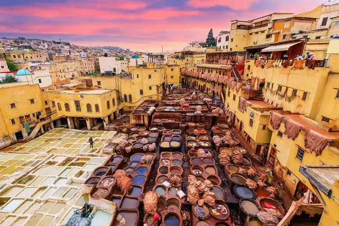 Chouara tannery in Fes medina with traditional leather dye pits on a 12 days Morocco itinerary