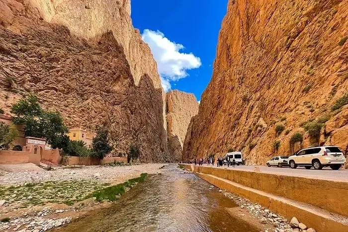 Todra Gorge canyon with high cliffs and river on a Morocco itinerary from Casablanca