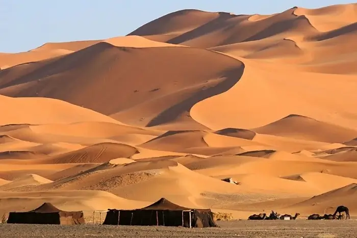 Golden dunes of Erg Chebbi in the Sahara Desert near Merzouga on a Morocco 15 Day Tour
