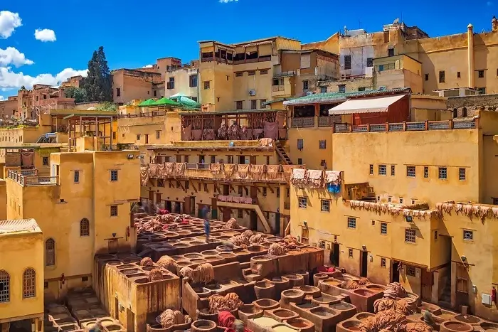 Traditional leather dyeing at Chouara Tannery in the Fes Medina during a 5 days in Morocco tour